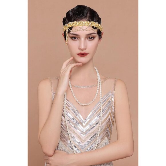 1920s Flapper Headpiece Rhinestone Chain Vintage Roaring 20s Accessory main image 4